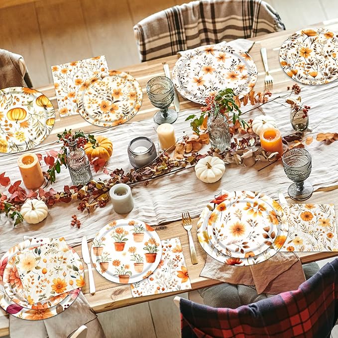 Fall Party Supplies - 60Pcs Autumn Thanksgiving Plates and Napkins Pumpkin Maple Leaf Table Decorations for Fall Birthday,Thanksgiving Party-Ruum Studio Home
