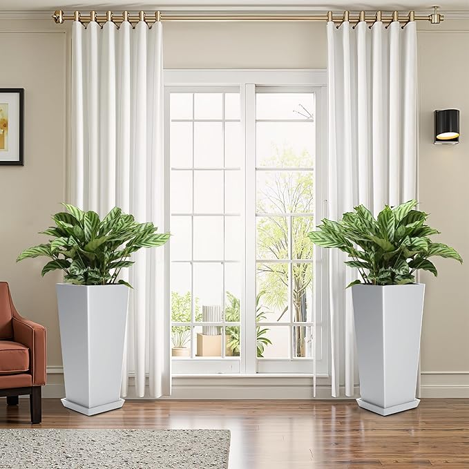 FENCY Set of 2 Tall Planters for Outdoor Plants, 24 Inch Large Tapered Pots with Drainage Trays, Weather-Resistant Plastic Plant Containers for Patio, Porch, Garden, Front Door Decor,White-Ruum Studio Home