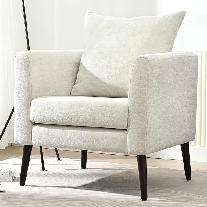 Barrel Accent Chair with Back Pillow, Large Upholstered Armchair with Solid Wood Legs Modern Reading Chairs for Living Room Bedroom-Ruum Studio Home