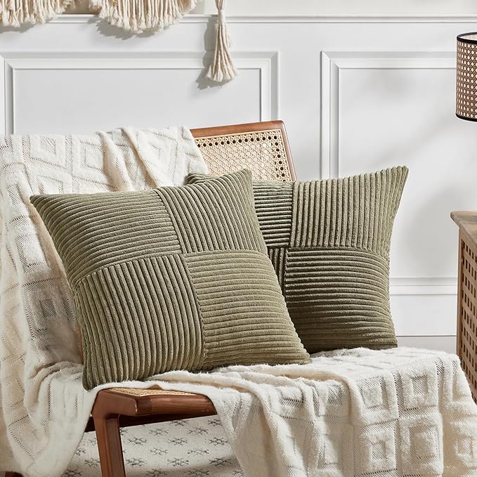 Fancy Homi 2 Packs Olive Green Euro Decorative Throw Pillow Covers 26x26 Inch for Living Room Couch Bed, Rustic Farmhouse Boho Home Decor, Soft Corss Corduroy Patchwork Textured Cushion Case 66x66 cm-Ruum Studio Home