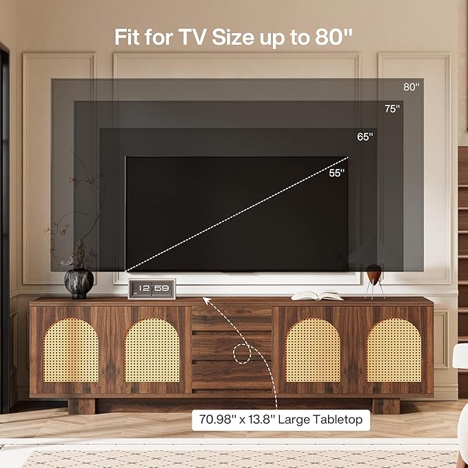 Tribesigns 70.9" TV Stand for TVs up to 80 Inches, Mid-Century Modern Entertainment Center with Storage and Drawers, Rattan Media Console TV Cabinet for Living Room, Bedroom, Walnut-Ruum Studio Home