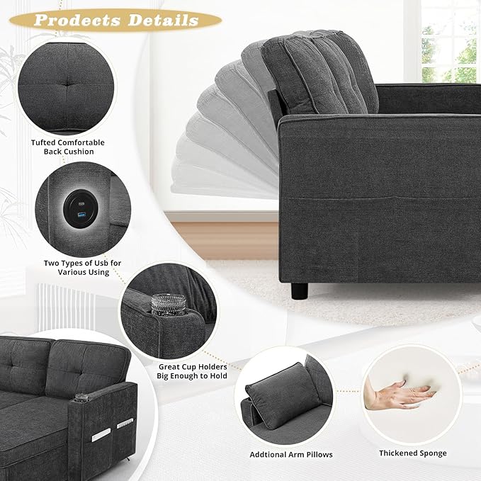84 Inches Fabric Sectional Sofa w/Pull Out Sofa Bed & Adjustable Back, Tufted L Shaped Couch w/Storage Chaise, Sleeper Sectional Sofa w/USB Port & Cup Holders for Living Room, Grey-Ruum Studio Home