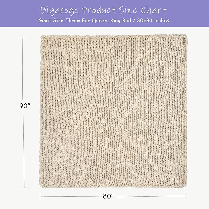 Bigacogo Chunky Knit Throw Blanket for Couch, 80x90 inches, 100% Hand Knitted with Thick Jumbo Chenille Yarn, Cozy Soft Large Rope Knot Cable Crochet Blankets for Sofa Bed Living Room, Beige-Ruum Studio Home