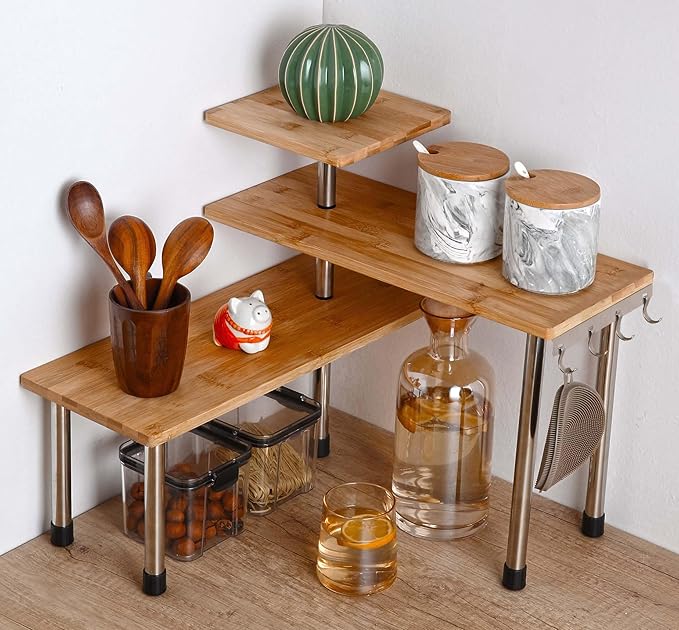 HYNAWIN Corner Shelf Bamboo & Metal Storage Spice Rack, 3 Tier Desk Bookshelf Display Shelves Space Saving Organizer, Adjustable Rack for Kitchen, Bed Room, Office-Best Home Décor (Upgraded Shelf)-Ruum Studio Home