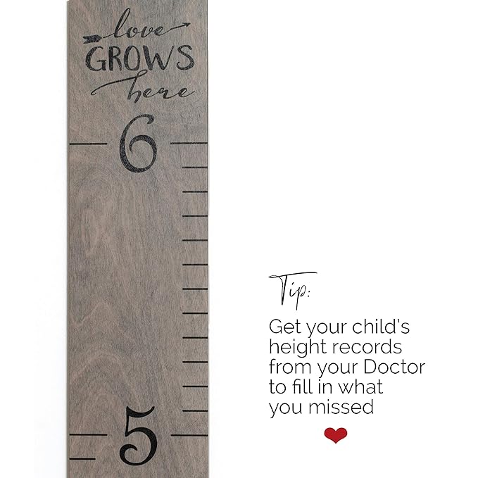 Wooden Growth Chart for Wall - Height Growth Chart for Kids, Kid Height Wall Chart, Height Measurement for Wall, Height Chart for Kids - Love Grows Here, Skinny Grey (63""x5.75"")-Ruum Studio Home