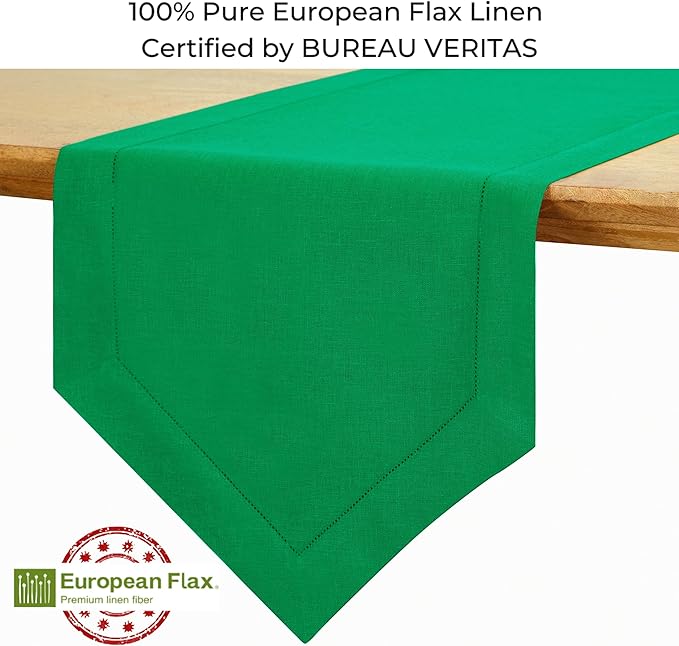 D'Moksha Homes Kelly Green Linen Table Runner 72 Inches Long - 100% Pure Linen Diamond Table Runner 14 x 72 Inch for Dining, Fall and Halloween - Machine Washable-Ruum Studio Home