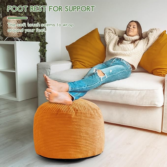 HIGOGOGO Round Stuffed Pouf Ottoman, Corduroy Poufs with Foam Chunk Filling, Furry and Fluffy Pouf Foot Stool Storage Ottoman, 20 X 15 Floor Poufs Foot Rest for Living Room, Orange-Ruum Studio Home