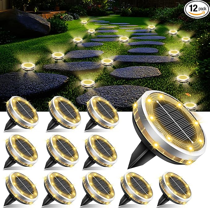 Solar Ground Lights Outdoor 12 Pack Waterproof, Upgraded Solar Garden Lights with 4 Side Light, Stainless Steel Solar Powered Disc Landscape Light for Walkway Pathway Lawn Yard Patio Deck-Warm White-Ruum Studio Home