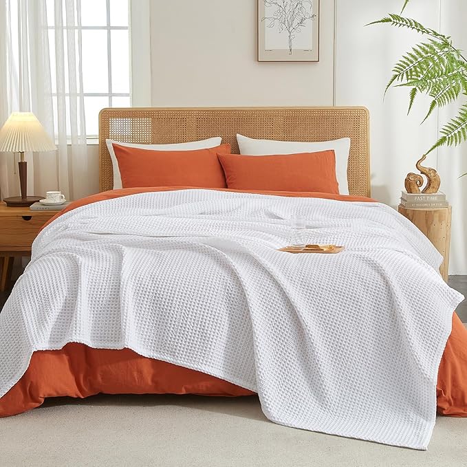 PHF Ultra Soft Waffle Weave Blanket Twin Size 66"x 90"- Washed Lightweight Breathable Cozy Woven Blanket for Bed - Aesthetic Decor for Couch Bedding Sofa Home Car - White-Ruum Studio Home
