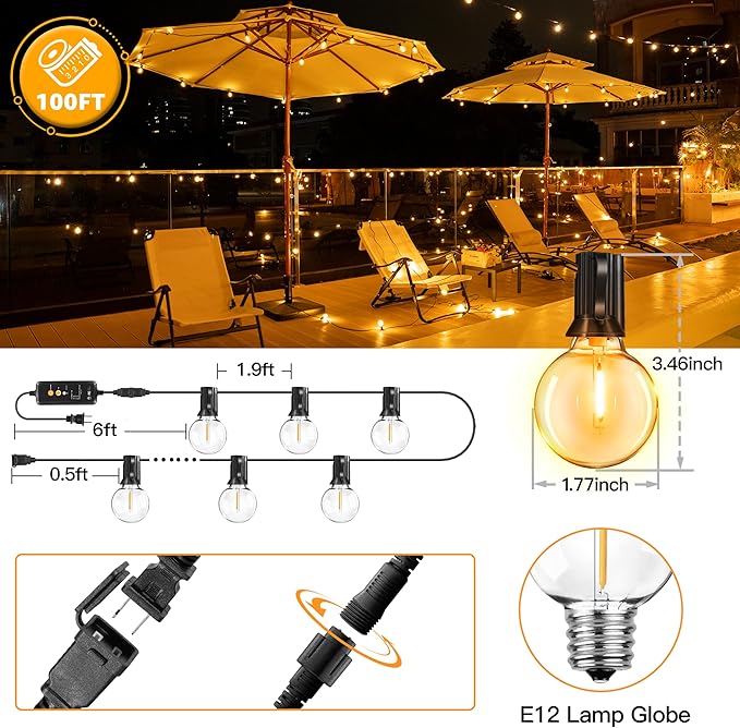 Outdoor Lights with Remote Dimmer, 50 + 3 Spare G40 LED Bulbs Plug in Connectable Patio Light, Waterproof Hanging Lights for Backyard Indoor Camping Balcony Yard Deck Decor (100 FT)-Ruum Studio Home