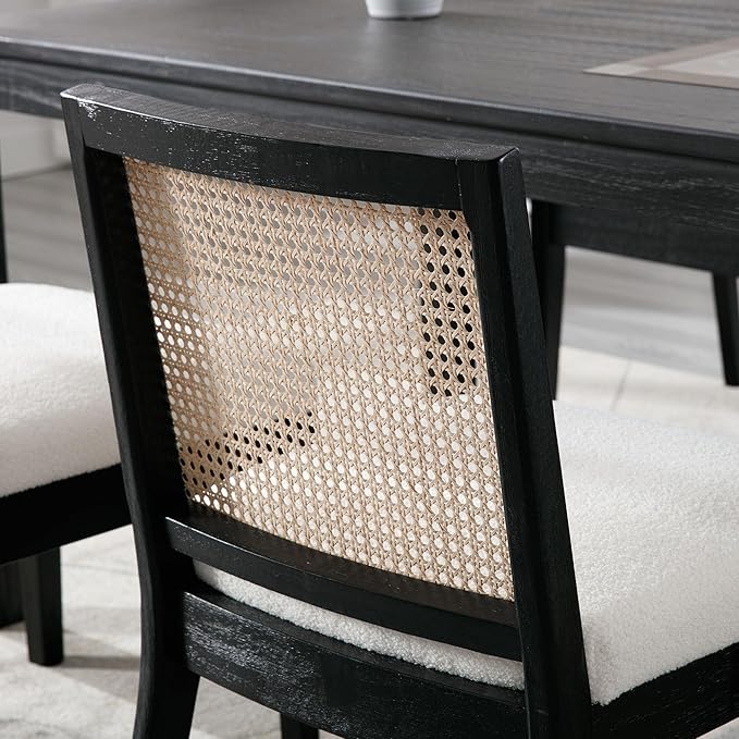 VESCASA Upholstered Dining Chairs with Square Rattan Back, Armless Padded Sherpa Fleece Cushion Dining Chairs with Wood Legs for Dining Room, Kitchen, Set of 6, Black Frame-Ruum Studio Home