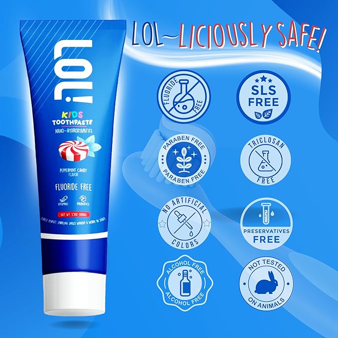 LOL Kid Toothpaste Fluoride Free, Nano Hydroxyapatite Toothpaste Kids, Probiotics & Xylitol Tooth Paste Kids | Remineralizing | Natural | Plant-Based Foam | Pasta De Dientes para Niños (Peppermint)-Ruum Studio Home