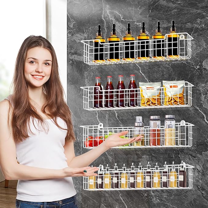 Spice Rack, 4-Pack Seasoning Organizer Wall Mount for Kitchen Storage Organization, Spice Holder Metal Shelf Saving Space for Cabinet, RV, Pantry, White-Ruum Studio Home