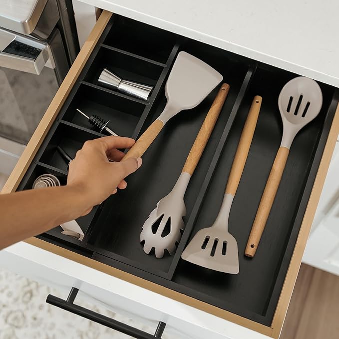 Adjustable Kitchen Drawer Organizer for Utensils and Junk, Food-Safe Contract Grade with 100% Sustainable Wood, Expandable from 10.5 to 19 Inches Wide - Black Bamboo-Ruum Studio Home