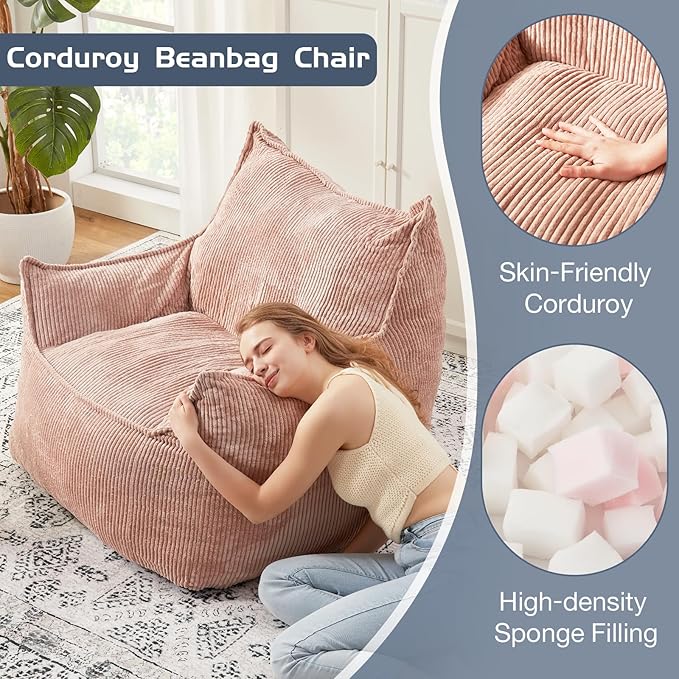 Giant Bean Bag Chair Sofa for Adults Teens, Comfy Corduroy Large Bean Bag Chairs with Armrests for Bedroom Living Room, Adult BeanBag Lazy Sofa Couch Chairs with Filler Included-Ruum Studio Home