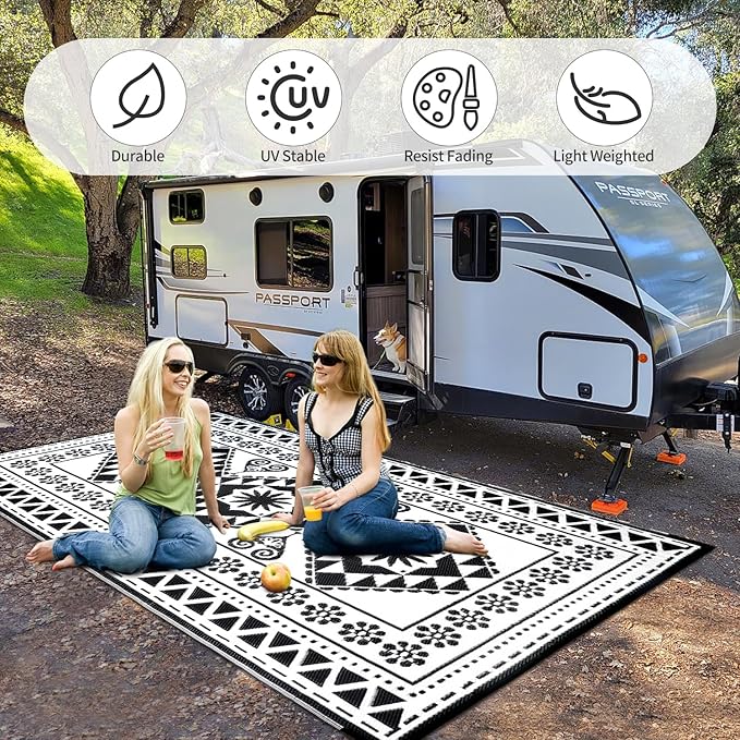 Waterproof Outdoor Rug 8x10ft, Reversible Plastic Straw Mat Rugs for Patio RV Deck Porch Backyard Balcony Camping Picnic Beach Indoor Outdoor Carpet, Black&White-Ruum Studio Home