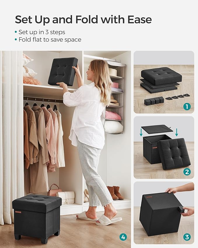 SONGMICS Storage Ottoman, Small Ottoman Foot Rest with Legs, 15 x 15 x 15.7 Inches Foot Stool, Load up to 660 lb, for Living Room, Bedroom, Dorm, Ink Black ULSF014B01-Ruum Studio Home