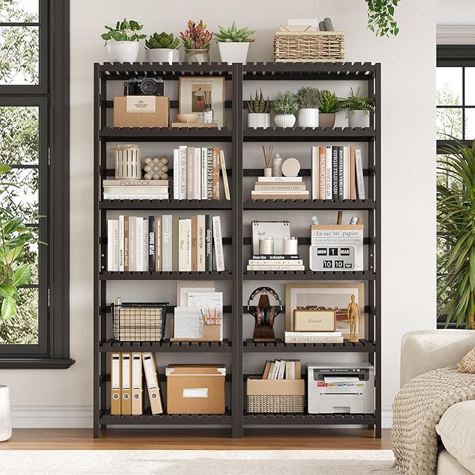 FOTOSOK 6-Tier Bamboo Shelf, Bamboo Bookcase with Adjustable Shelves, Free Standing Storage Shelf Unit, Plant Flower Stand for Kitchen, Bathroom, Home Office, Vintage-Ruum Studio Home