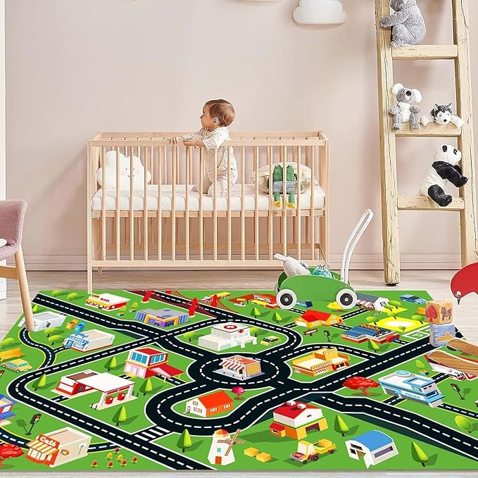 Kids Rug Car Rugs for Kids Toy Cars Play Mat with Rubber Backing City Life Road Rug for Cars Fun City Map for Carpet for Bedroom Boys (RED-Rug, 6.6x9.8ft)-Ruum Studio Home