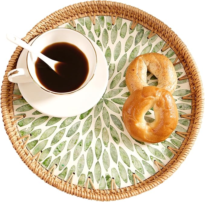 Round Rattan Tray with Mother of Pearl Inlay & Wooden Base - Decorative Wicker Serving Tray for Coffee/Bread/Fruits, Food Storage & Display - Multipurpose Home Decor (M,Green Leaves)-Ruum Studio Home