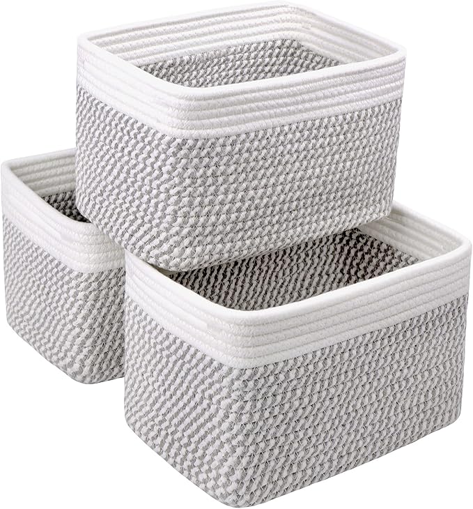 Small Cotton Rope Storage Basket Set of 3-11"x7"x7" Perfect Woven Baskets for Storage, Ideal Storage Baskets for Organizing Toys, Towels, and More - Baskets for Shelves（White & Mixed Grey）-Ruum Studio Home
