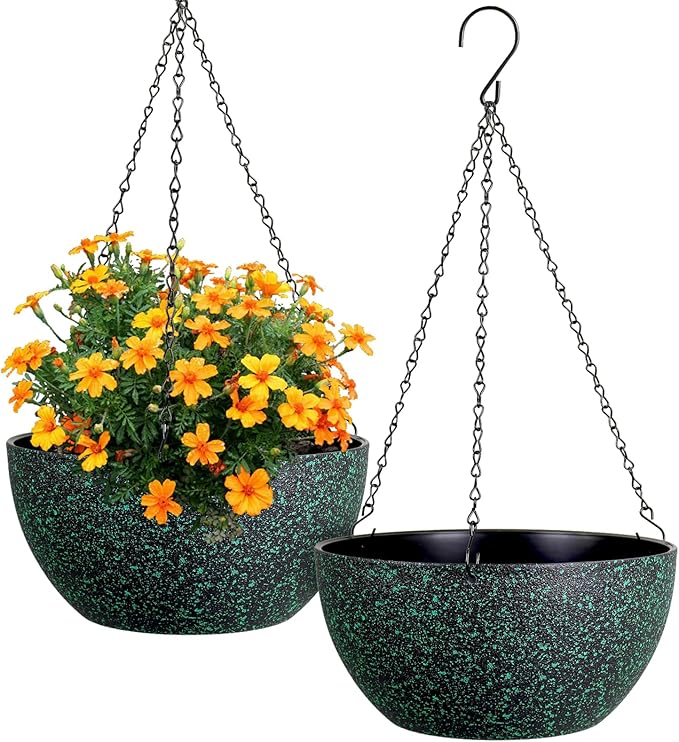 12 inch Large Hanging Planters for Indoor Outdoor Plants, 2 Pack Hanging Flower Pots with Drainage Holes and Chain, Plastic Hanging Baskets for House Plants, Black with Green Speckles-Ruum Studio Home