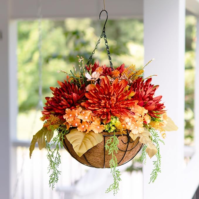 Artificial Fake Hanging Mums Flowers Plants Baskets for Outdoor Outside Decoration, Faux Silk Orange Flower Chrysanthemum UV Resistant Realistic for Porch Patio Balcony Yard Decor-Ruum Studio Home
