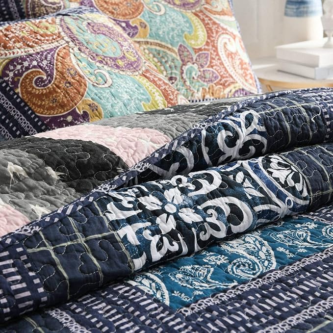 NEWLAKE Bedspread Quilt Set with Real Stitched Embroidery, Paisley Grid Pattern,Queen Size-Ruum Studio Home
