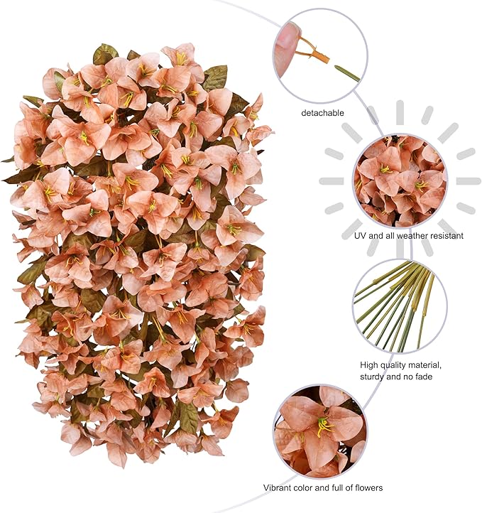 Bougainvillea Artificial Flowers Plants for Outdoors Outside Fall Autumn Decoration, 2 pcs Faux Silk Long Trailing Vines UV Resistant Look Real Brown Fake Flowers for Front Door Porch Planter Urn Yard-Ruum Studio Home