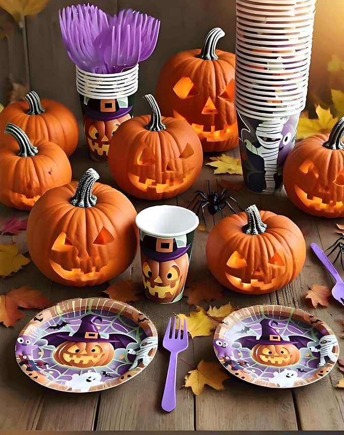Halloween Paper Plates,Cups,Forks(96Pcs)-Disposable Party Plates Heavy Duty,Party Supplies Tableware Set|Paper Plates 9 inch & 7 inch,Spooky Decor(Flying Pumpkin,Ghost,Zombie,Bat) for Kids Halloween-Ruum Studio Home