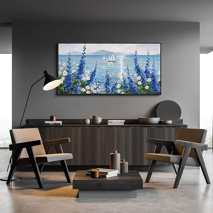 XLSJERST Sailboat Wall Art - Blue Canvas Abstract Painting Textured Picture Artwork Vintage Nautical Flower Painting Coastal Modern Print 20"x40" Frame for Living Room Bedroom Office Home Decoration-Ruum Studio Home
