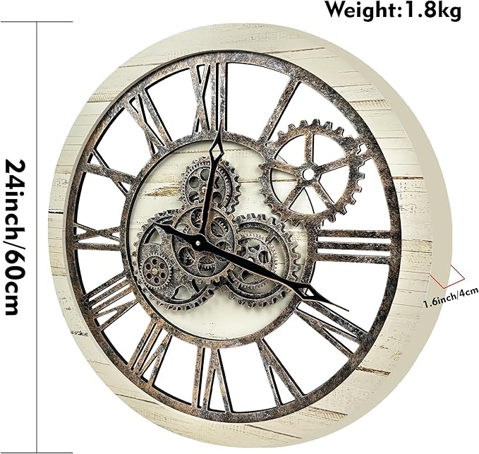 The B-Style Large Wall Clock 24 inch Moving Gear Wall Clock Oversized Vintage Farmhouse Wall Clocks for Living Room Decor Rustic Industrial Wood Clock (Desert Beige, 24 inch/60cm)-Ruum Studio Home