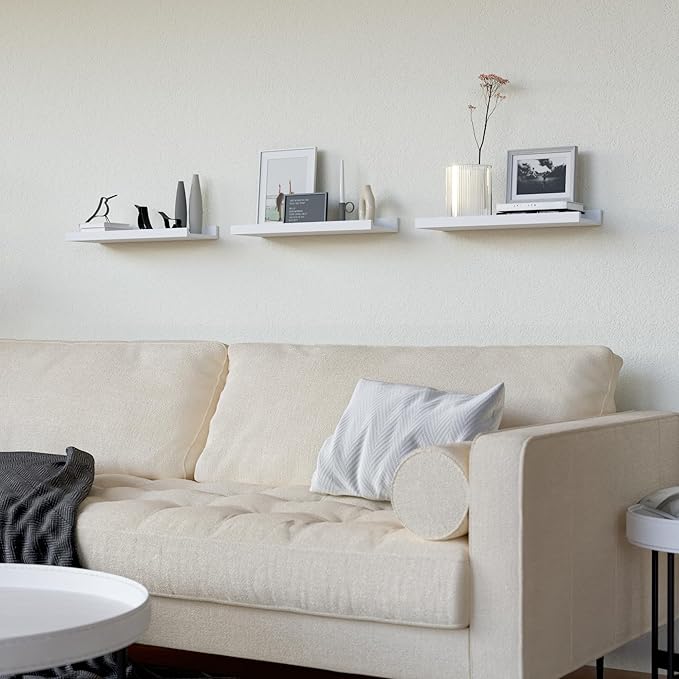 RICHER HOUSE 3 Set White Floating Shelves, Wall Mounted White Shelves for Wall Decor, Picture Ledge Shelf with Lip for Wall Storage Nursery, Bedroom, Living Room, Bathroom - White-Ruum Studio Home