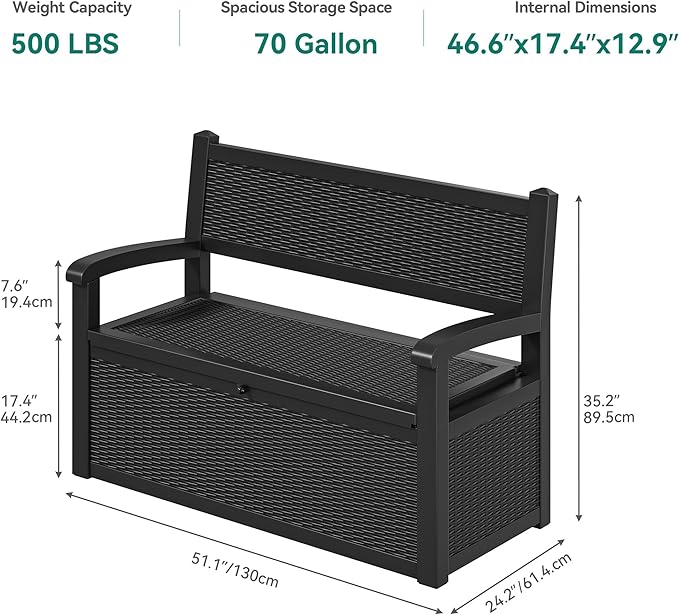 YITAHOME 70 Gallon Storage Bench Deck Box, Lockable Patio Bench, Waterproof Outdoor Pool Deck Storage for Patio Cushions, Garden Tools and Pool Supplies, Black-Ruum Studio Home