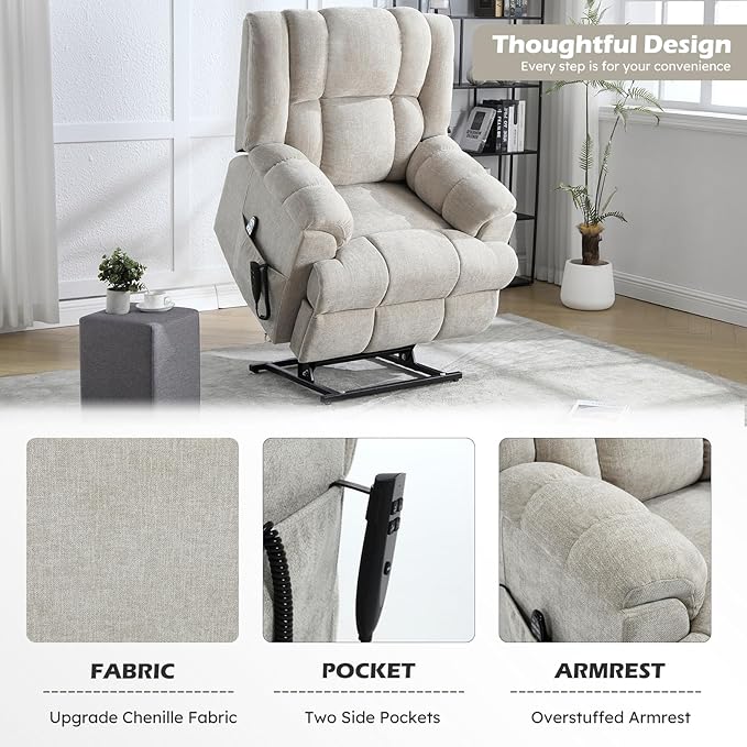 Power Lift Recliner Chair with Massage and Heat for Elderly People, Dual Motor Electric Lift Chair with Power-Remote, Medium-Firm and Heavy Duty, Chenille Fabric - Beige-Ruum Studio Home