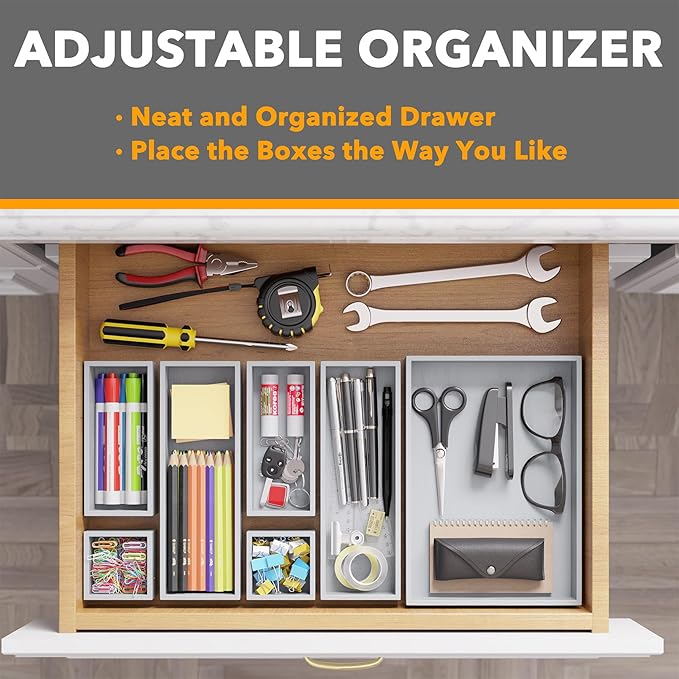 SpaceAid 7-Piece Bamboo Drawer Organizer Storage Boxes Set, Wood Tray Junk Drawer Organizers Multi-Use Divider Bins for Kitchen, Bathroom, Office Desk and Makeup Organization (7 Pack, Gray)-Ruum Studio Home