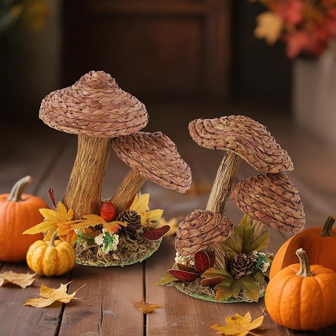 winemana 2 Pack Mushroom Fall Decor - Handmade Woven Mushrooms Figurines, Rustic Farmhouse Table Centerpieces for Thanksgiving, Autumn Home, Shelf & Kitchen Decor-Ruum Studio Home