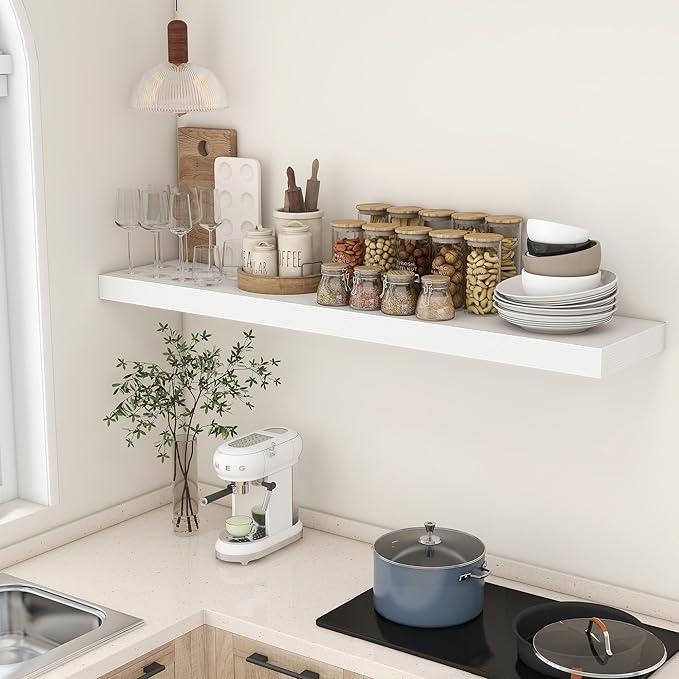 White Floating Shelves for Wall - 55 Inch Wide x 12 Inch Deep Wall Shelves Set of 1 - Rustic White Wood Shelves for Living Room, Bathroom, Laundry Room, Bedroom, Kitchen, Home Office-Ruum Studio Home