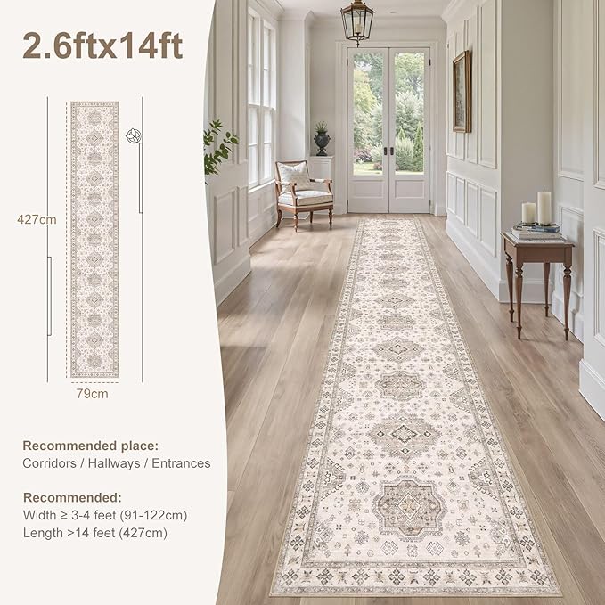 Washable 2.6x14 Runner Rug - Area Rugs Neutral Vintage Distressed Floral Farmhouse Boho Large Soft Floor Rug Indoor Carpet for Hallway Entryway Home - Beige Brown-Ruum Studio Home