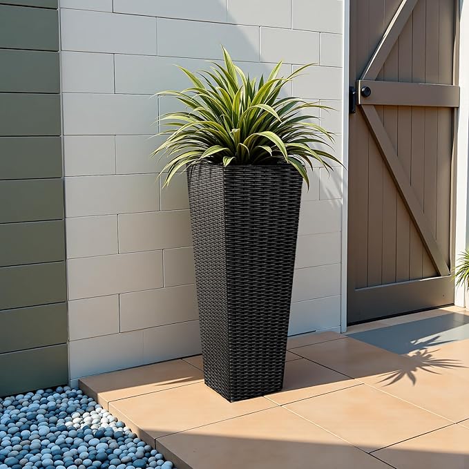 JUMMICO Set of 2 Resin Rattan Tall Planters for Outdoor Plants, Large Tapered Planters with Drainage Holes&Inner Trays, Flower Pots for Garden, Patio, Porch, Backyard (Black, 32'')-Ruum Studio Home