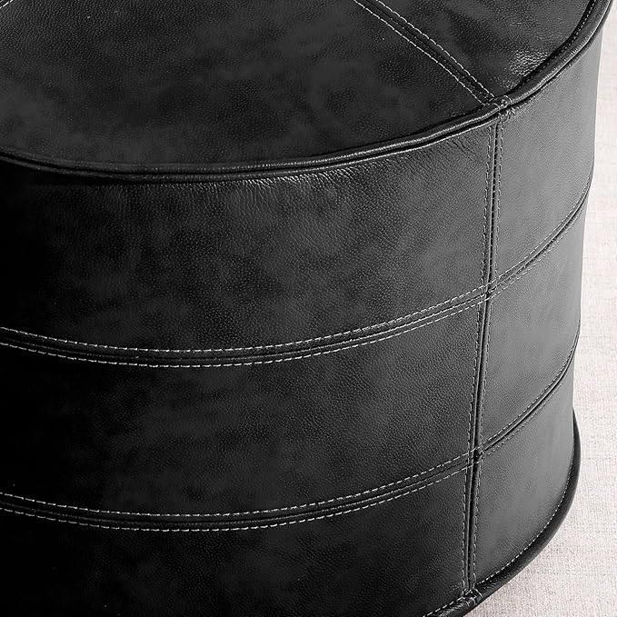 Round Leather Ottoman,Handmade Stuffed Ottoman,Genuine Leather Pouf, Foot Rest Pouf,Comfortable Soft Seating for Living Room & Bedroom (Black, Round)-Ruum Studio Home