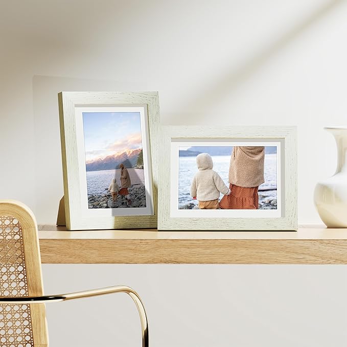 Vittanly 5x7 Picture Frames Set of 9, Shatter Resistant Plexiglass, Display 4x6 Pictures with Mat or 5x7 without Mat, Photo Frames for Wall or Tabletop, Engineered Wood, Whitemist-Ruum Studio Home