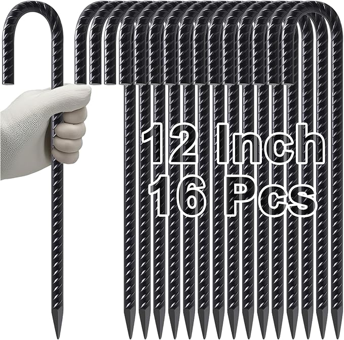 VVOKGO Rebar Stakes 12 Inches J Hook Heavy Duty Chain Link Fence Stakes, 16 Pcs Metal Long Tent Spikes Ground Anchors for Wire Fencing, Dogs Digging, Camping Tents, Swings, Greenhouse, Black-Ruum Studio Home