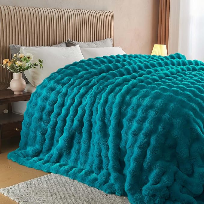 Lotus Karen Faux Fur Throw Blanket Teal - Big Bubble Rabbit Fluff Blanket for Couch Bed Sofa,Softest Fluffy Fuzzy Cozy Blanket,Thick Furry Plush Shaggy Warm Blankets for Women,60x80 Inches-Ruum Studio Home