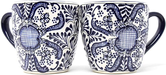 Encantada Handmade Hand-Painted Authentic Mexican Pottery Mugs (Cobalt Blue Flower X2)-Ruum Studio Home