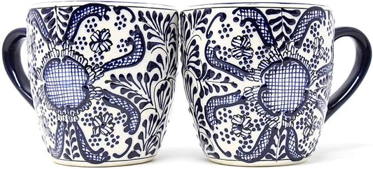 Encantada Handmade Hand-Painted Authentic Mexican Pottery Mugs (Cobalt Blue Flower X2)-Ruum Studio Home