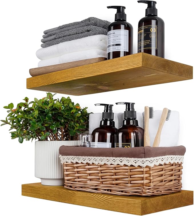 BGMG Wood Floating Shelves for Wall 18 inch Set of 2, Rustic Wooden Wall Mount Shelves for Living Room Bedroom Kitchen Farmhouse-18x6.7x1.25 inch- Gold Oak-Ruum Studio Home