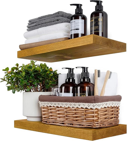 BGMG Wood Floating Shelves for Wall 18 inch Set of 2, Rustic Wooden Wall Mount Shelves for Living Room Bedroom Kitchen Farmhouse-18x6.7x1.25 inch- Gold Oak-Ruum Studio Home