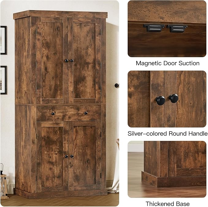 usikey 72” Kitchen Pantry Cabinet, Tall Storage Cabinet with 4 Doors and 1 Drawer, Freestanding Cupboard with 6 Hanging Shelves and Adjustable Shelves for Kitchen, Living Room, Rustic Brown-Ruum Studio Home