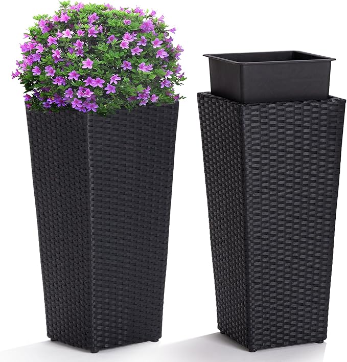 IDZO Wicker All-Weather Planter Set with Liners Tall Plant Decor Box for Outdoors Patio Herb Garden Furnishings - Rectangular Mocha-Ruum Studio Home